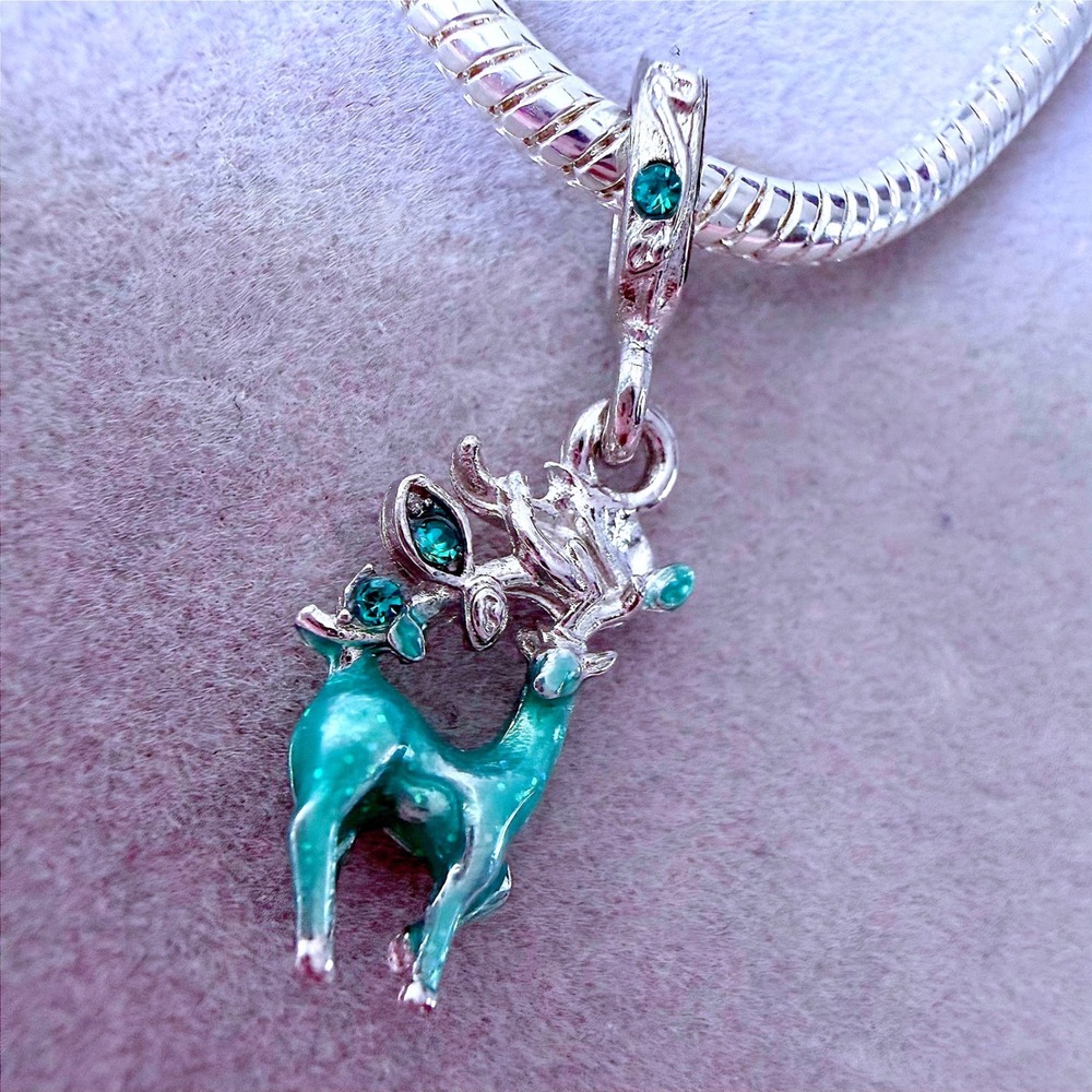 Teal‎ Green Enamel Reindeer Crystal Dangle Charm fits PANDORA